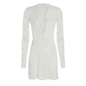 WEWOREWHAT V Neck Lace Up Mini Fishnet Cover up Dress - Off White - S - NEW